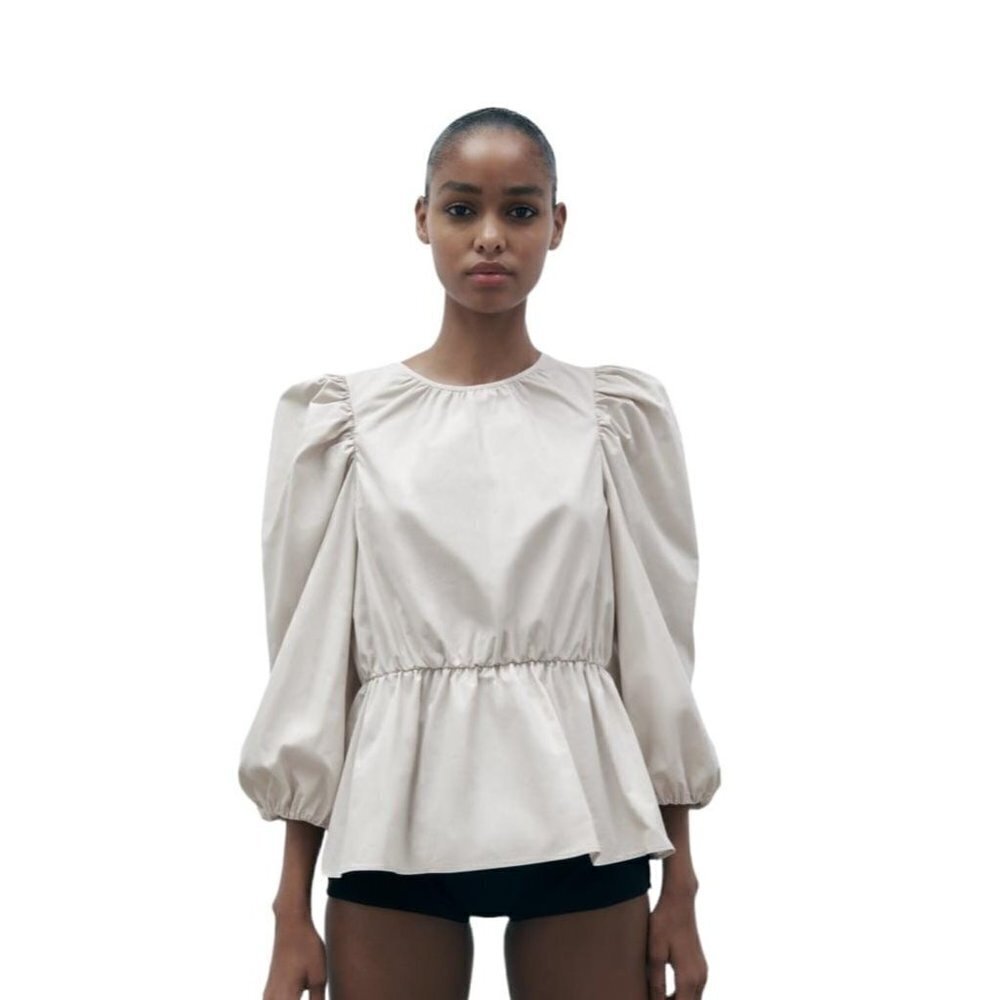 ZARA TOP WITH PUFF SLEEVES GREY / BEIGE SIZE S | 3136/545